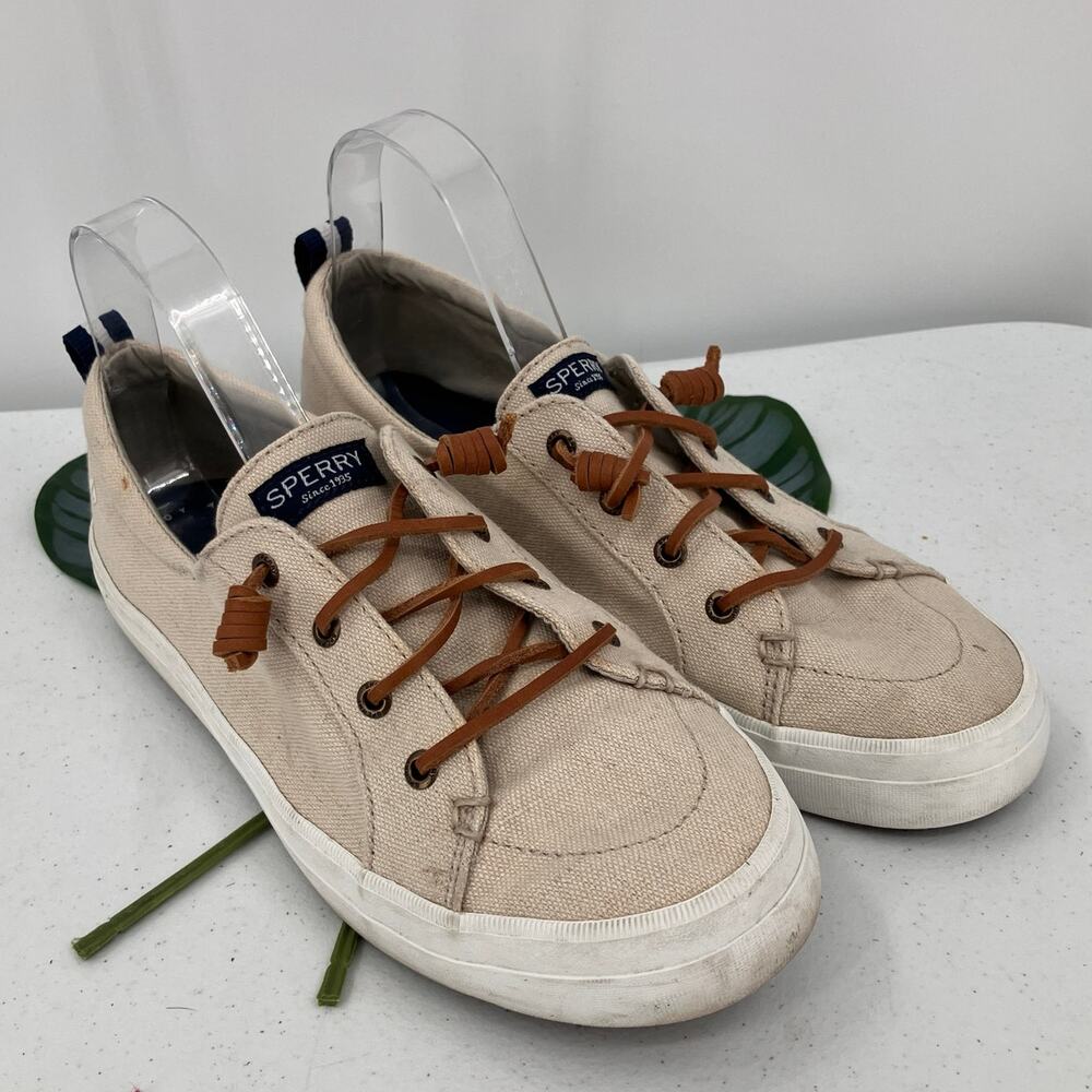 Sperry Tan Navy Brown Slip On Leather Laces Crest Vibe Core Cavas Sneakers Shoes